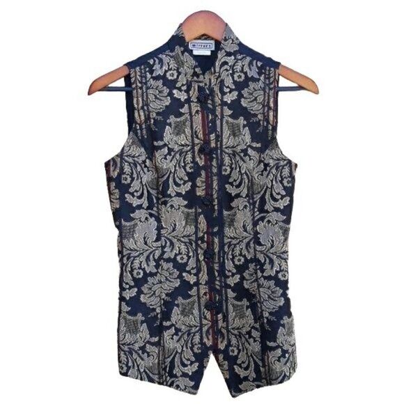 Vtg 80's Vest Artsy Tang Suit Mandarin Jacquard Metallic Fleur De Lis Tunic Sz M - Picture 1 of 8